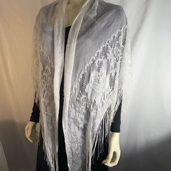 White Lace Fringe Shawl Wrap | Romantic Floral Mantilla Scarf 64x60 + 7” Fringe - Picture 2 of 11